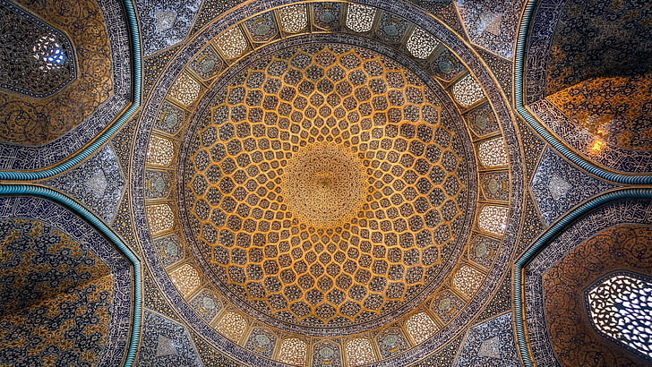 ıran, moské, kupol, symmetri, mönster, cirkel, struktur, antik historia, mosaik, fraktalkonst, shejk lotfollah-moskén, HD tapet