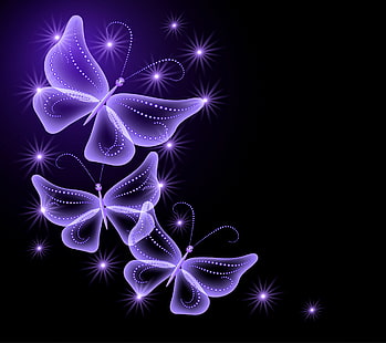 tiga ilustrasi kupu-kupu ungu, kupu-kupu, abstrak, cahaya, neon, ungu, berkilau, kupu-kupu, Wallpaper HD HD wallpaper