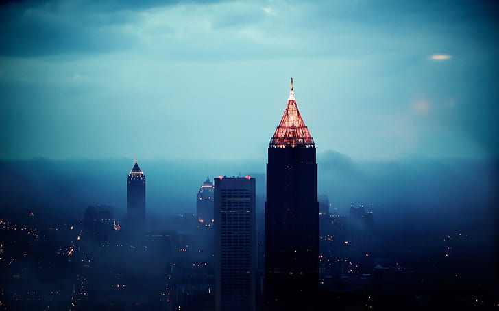 Атланта градска нощ, сгради, небостъргачи, градски пейзажи, мъгла, снимка на високи сгради, Атланта, Град, Нощ, Сгради, Небостъргачи, Градски пейзажи, Мъгла, HD тапет
