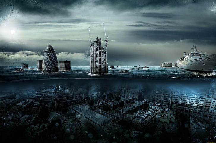 obra de arte fantasia arte navio vista dividida cidades submersas, HD papel de parede
