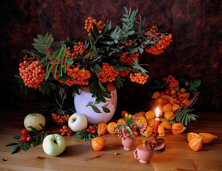 Photography, Still Life, Apple, Apricot, Berry, Candle, Fruit, Leaf, Orange, Pitcher, Vase, HD wallpaper