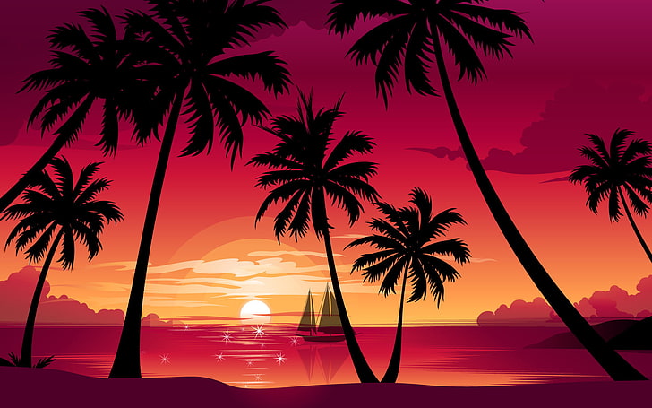 palmiye ağaçları illüstrasyon, deniz, plaj, güneş, gün batımı, doğa, palmiye ağaçları, tekne, HD masaüstü duvar kağıdı