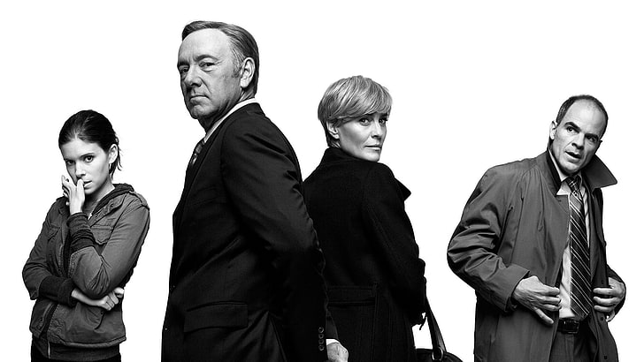 men's black suit jacket, House of Cards, Kevin Spacey, actor, monochrome, Kate Mara, Robin Wright, Michael Kelly, Claire Underwood, Zoe Barnes, Doug Stamper, HD wallpaper