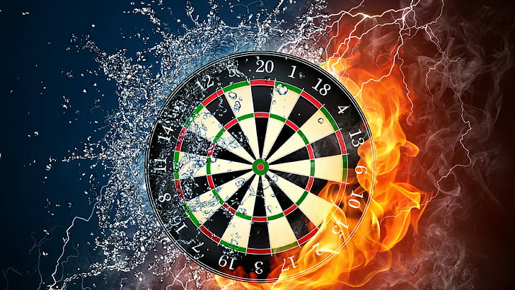 black, red, and green dartboard digital wallpaper, darts, 4k, 5k wallpaper, HD, wheel, target, fire, water, HD wallpaper