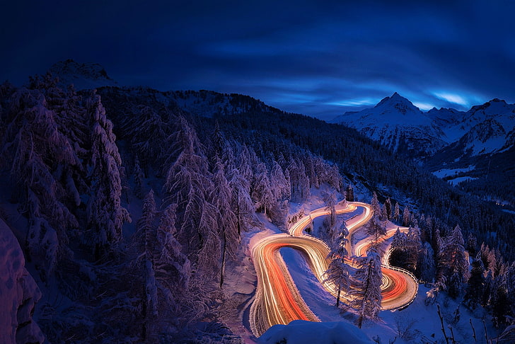pemandangan, jalan, malam, salju, musim dingin, Wallpaper HD