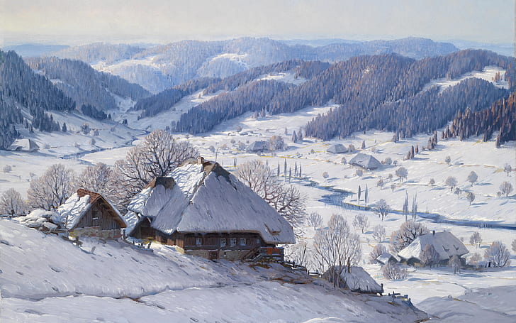 Немски художник, масло върху платно, Карл Хауптман, Карл Хауптман, Голям Шварцвалд Зимен пейзаж, Голям Шварцвалд зимен пейзаж, Шварцвалд - зимен пейзаж, HD тапет