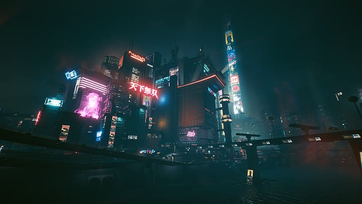 Cyberpunk 2077, 4K, kota, malam, neon, futuristik, Wallpaper HD