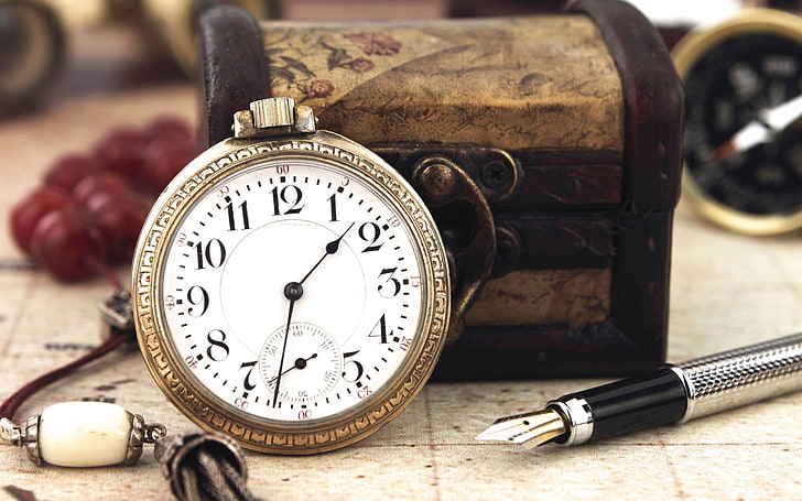 black and gray fountain pen and gold-colored pocket watch, spell, pen, write, HD wallpaper