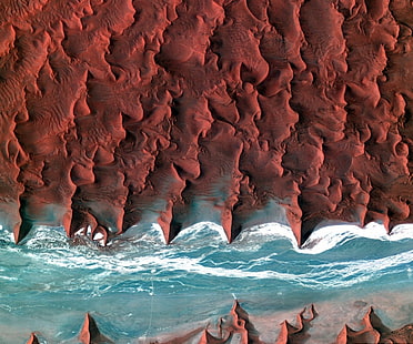 Вид с воздуха, Африка, пляж, побережье, пустыня, пейзаж, Намибия, природа, красный, море, вода, HD обои HD wallpaper
