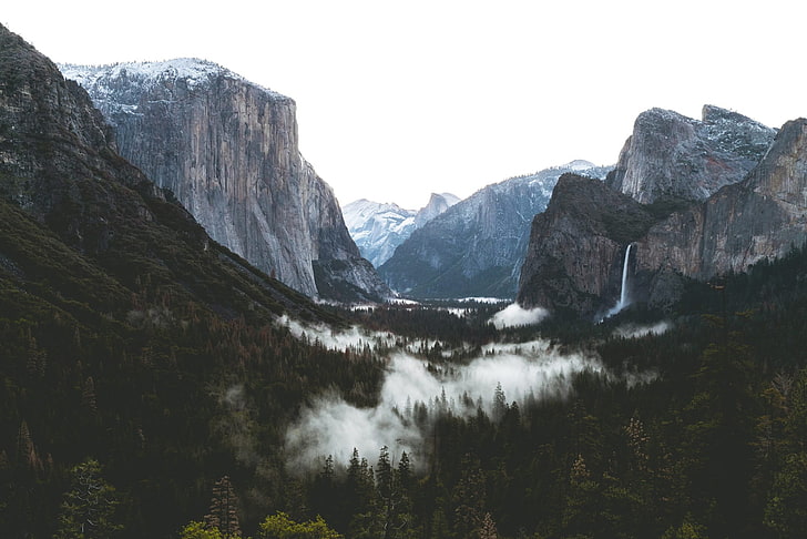 gunung dengan pohon, alam, lanskap, gunung, batu, awan, Taman Nasional Yosemite, kabut, hutan, Wallpaper HD