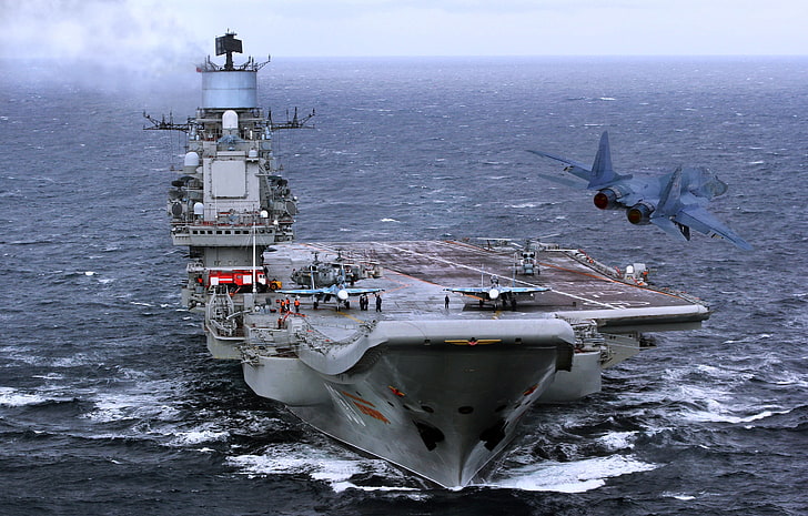 серый авианосец, ВМФ, крейсер, тяжёлый, в походе, авианосец, адмирал флота Советского Союза Кузнецов, HD обои