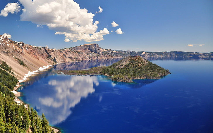 Кратерное озеро (Орегон), Кратерное озеро, озеро, Орегон, природа, отражение, небо, облака, HD обои