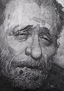  men, writers, face, Charles Bukowski, drawing, monochrome, beard, portrait display, HD wallpaper HD wallpaper