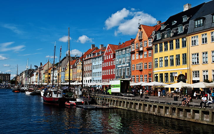 Copenhagen, multi story buildings, Oresund region, danish, promenade, boats, river, landscape, HD wallpaper
