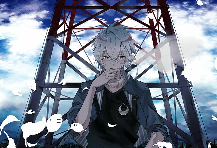 Anime, Original, Garçon, Cigarette, manteau, collier, yeux rouges, fumée, cheveux blancs, Fond d'écran HD