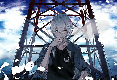 Anime, Original, Garçon, Cigarette, manteau, collier, yeux rouges, fumée, cheveux blancs, Fond d'écran HD HD wallpaper