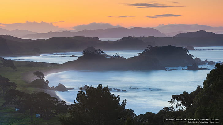 Garis pantai Northland saat matahari terbenam, Pulau Utara, Selandia Baru, Oseania, Wallpaper HD