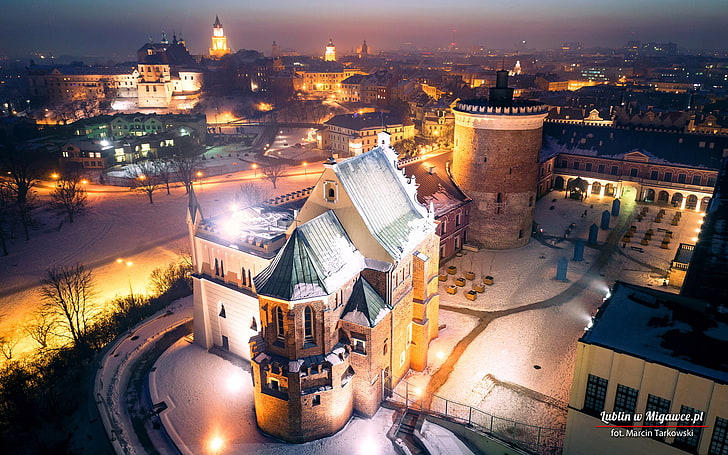 Lublin, Pologne, polonais, paysage urbain, tourisme, tourisme, Europe, château, lumières, Fond d'écran HD