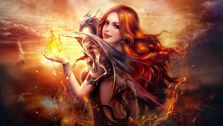 trabalho artístico, mulher guerreira, mitologia, menina fantasia, efeitos especiais, cabelos longos, criatura mítica, personagem fictício, arte, demônio, menina, criatura sobrenatural, dragão, fogo, HD papel de parede