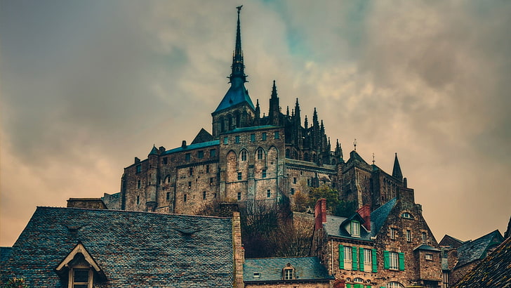 castelo marrom, HDR, construção, Mont Saint-Michel, França, castelo, vila, bege, nuvens, prédio antigo, abadia, HD papel de parede
