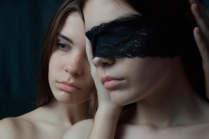 women, model, blindfold, twins, face, tears, crying, HD wallpaper