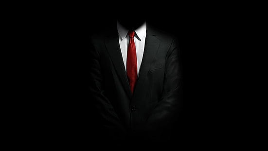 Wallpaper digital Hitman, pria yang mengenakan jas hitam dan dasi merah, jas, latar belakang hitam, Hitman, video game, dasi merah, Hitman: Absolution, dark, minimalism, 47, Wallpaper HD HD wallpaper