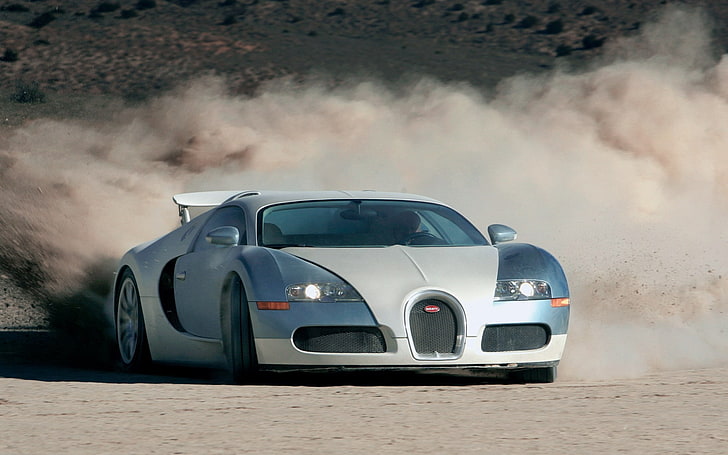 white and blue Bugatti Veyron, sand, Veyron, Pyt, HD wallpaper