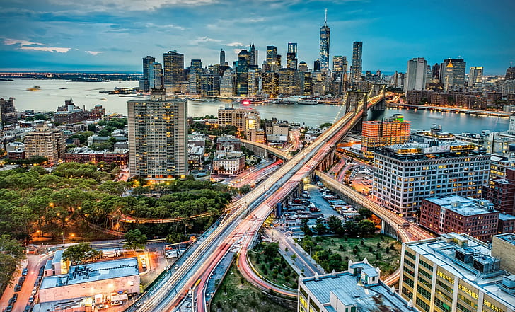 مانهاتن ، مدينة ، مدينة نيويورك ، جسر بروكلين ، تعرض طويل، خلفية HD