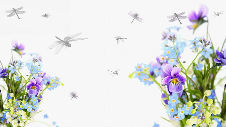 Pansies Dragonflies, spring, pansies, dragonfly, dragoflies, purple, persona, summer, flowers, 3d and abstract, HD wallpaper