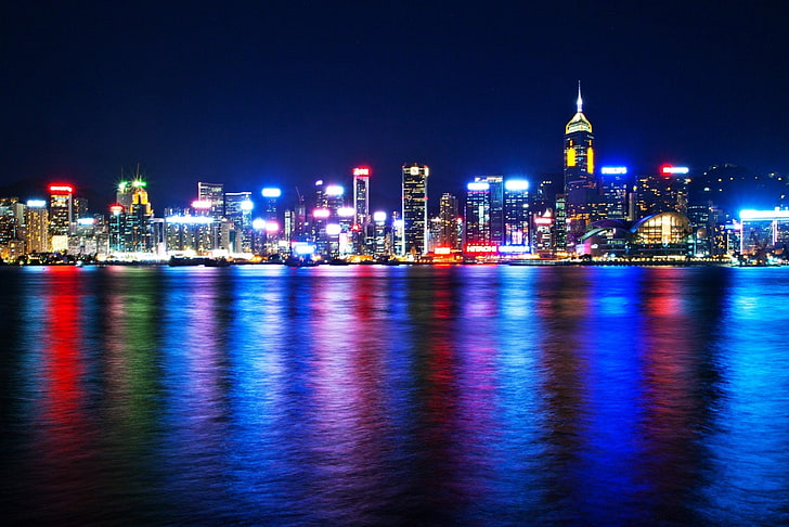 Miasta, Hongkong, Budynek, Miasto, Kolory, Światło, Noc, Ocean, Odbicie, Morze, Wieżowiec, Tapety HD
