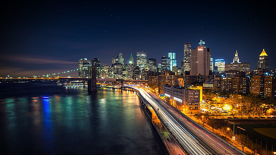 struktur bangunan kota, kota pada malam hari, Cityscape, New York City, paparan lama, AS, Jembatan Brooklyn, West Side Highway, malam, lampu, kota, jalan, sungai, jembatan, gedung pencakar langit, bintang, jalur cahaya, Manhattan, Jembatan Manhattan, Wallpaper HD HD wallpaper