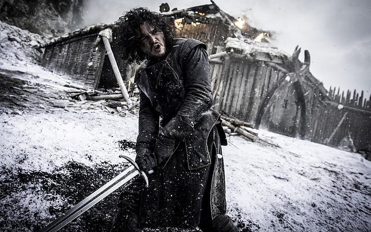 John Snow of Game of Thrones, Jon Snow, Kit Harington, Game of Thrones, svärd, snö, lockigt hår, TV, män, skådespelare, HD tapet