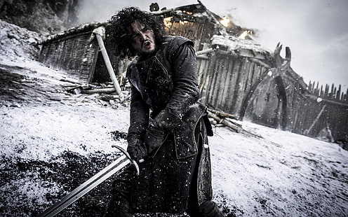 John Snow of Game of Thrones, Jon Snow, Kit Harington, Game of Thrones, svärd, snö, lockigt hår, TV, män, skådespelare, HD tapet HD wallpaper