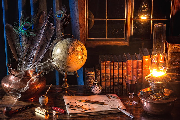 globo de escritorio marrón, vino, reloj, libros, lámpara, tubo, plumas, ventana, gafas, mango, bodegón, lupa, globo, Fondo de pantalla HD