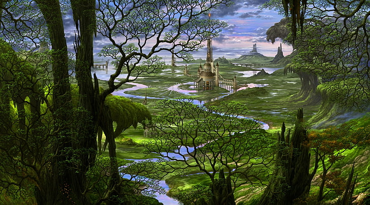 castle and forest illustration, forest, trees, river, castle, tale, Japan, fantasy, art, landscape, fairytales, Kazumasa, Ocio, Ucchiey, If Kazama Uchio, HD wallpaper