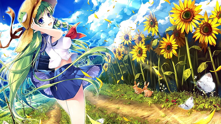 anime, anime girls, open mouth, green hair, hat, blue eyes, smiling, sunflowers, butterfly, HD wallpaper