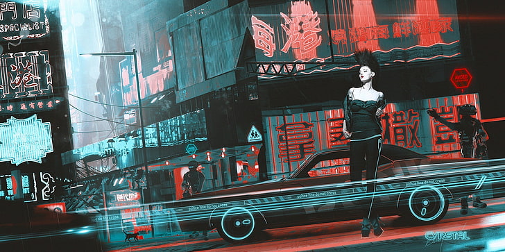 jalan-jalan biru dan merah menyala dan mobil wallpaper digital, karya seni, cyberpunk, Kuldar Leement, tanda-tanda, mobil, seni fantasi, wanita, China Town, Wallpaper HD