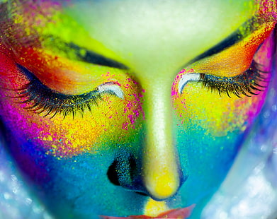pomalowana na zielono ludzka twarz, dziewczyna, rzęsy, farba, zamknięte oczy, Tapety HD HD wallpaper