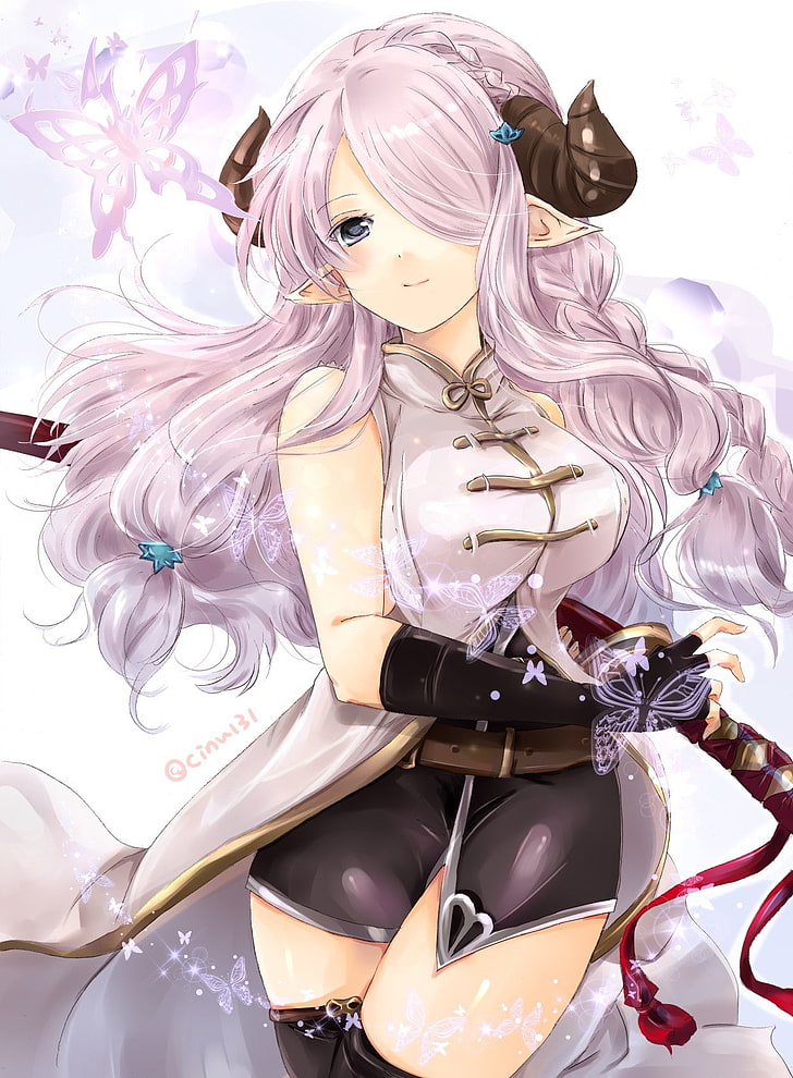 white background, Granblue Fantasy, horns, Narumeia (Granblue Fantasy), pointed ears, sword, thigh-highs, belt, white hair, HD wallpaper