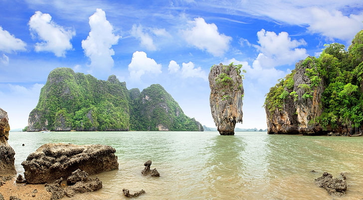 Тайландские острова HD Wallpaper, серые скальные образования и зеленые деревья, Азия, Таиланд, HD обои