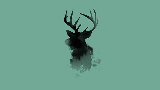 鹿、シンプルな背景、緑の背景、絵画、ミニマリズム、 HDデスクトップの壁紙 HD wallpaper