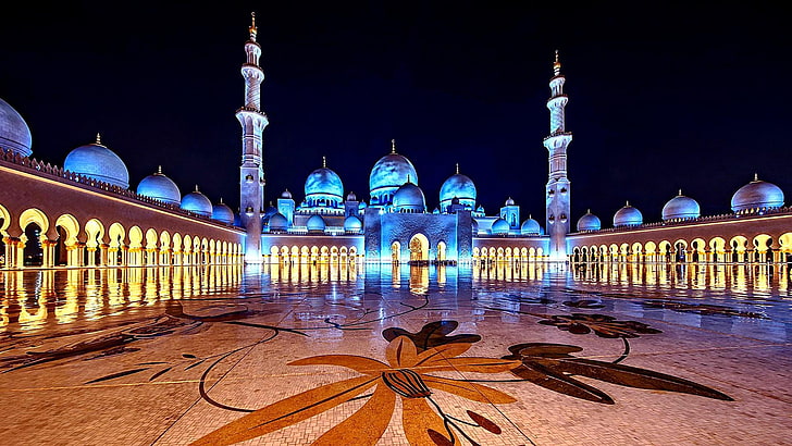 сини светлини, забележителност, джамия, нощ, място за поклонение, туристическа атракция, джамия шейх Зайд, площад, сграда, Абу Даби, небе, Обединени арабски емирства, вечер, ОАЕ, мюсюлманин, религия, HD тапет