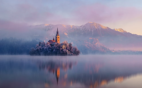 замок, озеро, пейзаж, горы, Словения, озеро Блед, остров, церковь, туман, отражение, HD обои HD wallpaper