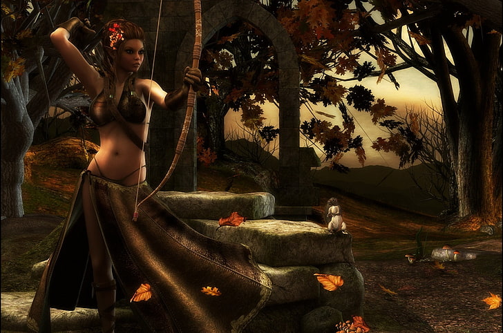 female holding bow wallpaper, autumn, girl, trees, stones, bow, Archer, protein, art, elf, HD wallpaper