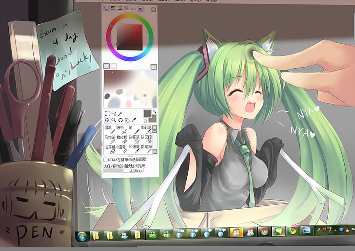 Hatsune Miku screengrab, poignée, crayon, moniteur, hatsune miku, Vocaloid, ciseaux, fenêtres sept, Fond d'écran HD