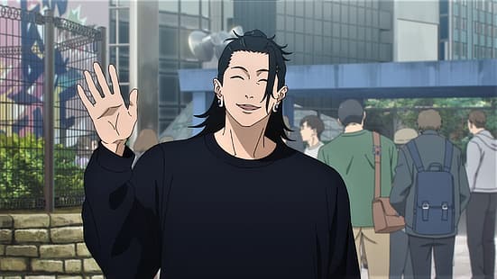 Jujutsu Kaisen, Suguru Geto, waving, Bun, earring, smiling, building, crowd, anime, Anime screenshot, anime boys, HD wallpaper HD wallpaper