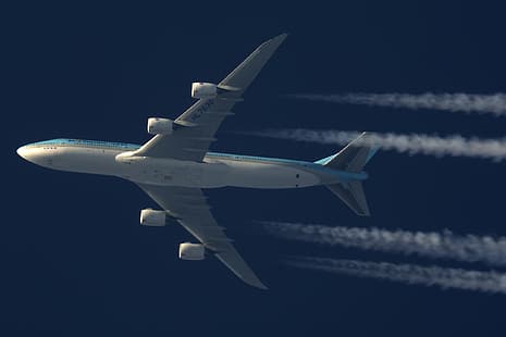 Самолет, Боинг, Боинг 747-8 Интерконтиненталь, Авиалайнер, Боинг 747, Korean Air, В полете, Контраил, HD обои HD wallpaper
