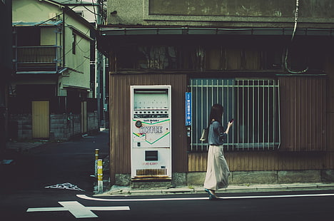 белый торговый автомат, япония, городской пейзаж, здания, азия, токио, японский, HD обои HD wallpaper