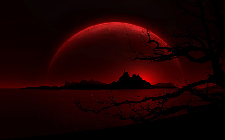 red moon, water, mountains, Branches, the dome, HD wallpaper