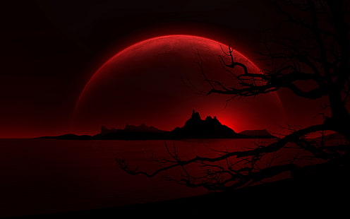 czerwony księżyc, woda, góry, gałęzie, kopuła, Tapety HD HD wallpaper
